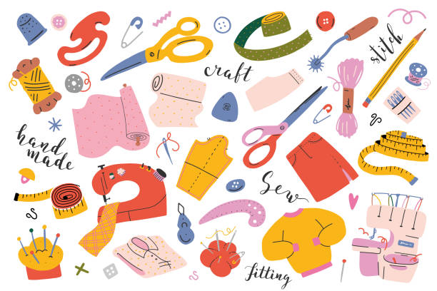 Sewing collection. Vector illustrations of sewing tools, equipment and accessories. Modern flat cartoon style, hand drawn isolated drawings, sewing machine, overlocker, scissors Sewing collection. Vector illustrations of sewing tools, equipment and accessories. Modern flat cartoon style, hand drawn isolated drawings, sewing machine, overlocker, scissors and measuring tape cute stitch stock illustrations