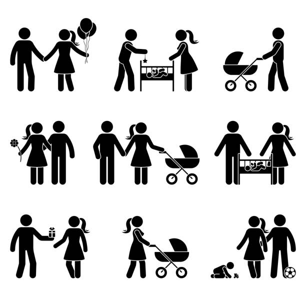 illustrations, cliparts, dessins animés et icônes de jeune famille datant, jouant avec le bébé, marchant avec l'illustration d'icône de vecteur de figure de bâton de poussette. père et mère passant le temps avec l'enfant, posture de pictogramme de silhouette d'enfant sur le blanc - mother baby carriage women walking