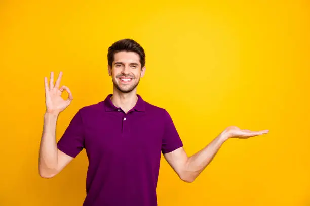 Portrait of his he nice attractive content cheerful cheery glad guy wearing, lilac shirt holding copy space on palm showing ok-sign isolated on bright vivid shine vibrant yellow color background