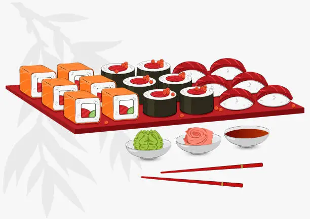 Vector illustration of A large set of sushi on a tray.