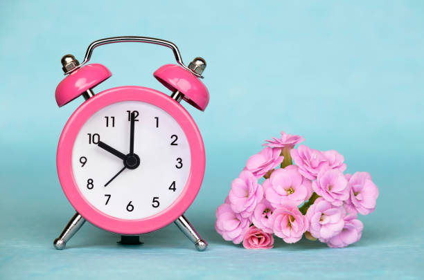 istock Spring forward, springtime, daylight saving time, pink alarm clock and flowers on a blue background 1203988590