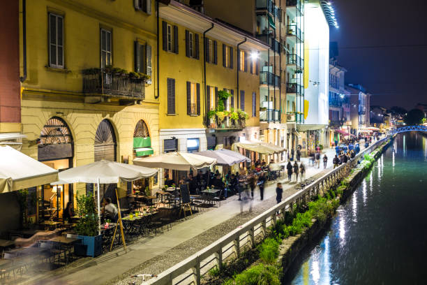 Milan, Italy - October 24, 2021: Naviglio canal and surrounding streets are popular location in Milan City