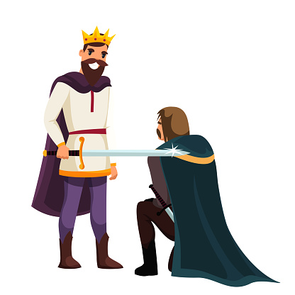 Official knighting ceremony. King putting sword on male shoulders. Priest controlling action. Honoring warrior. Historical moment. Vector flat illustration