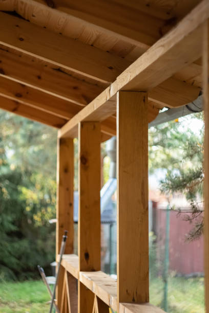 istock Elements of wooden terrace close-up 1203991803