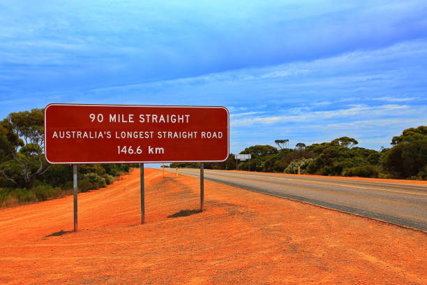 Travel across Australia on the longest straight road stock photo