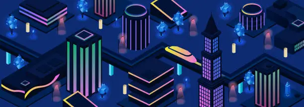 Vector illustration of Future city night streets vector background