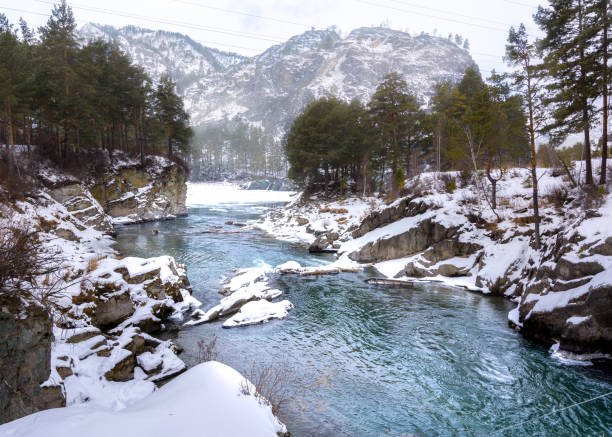 Landscape with snow-capped mountains and a freezing mountain river