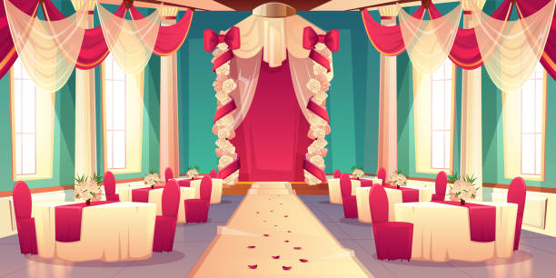 ilustrações de stock, clip art, desenhos animados e ícones de banquet hall ready for wedding ceremony vector - table wedding flower bow