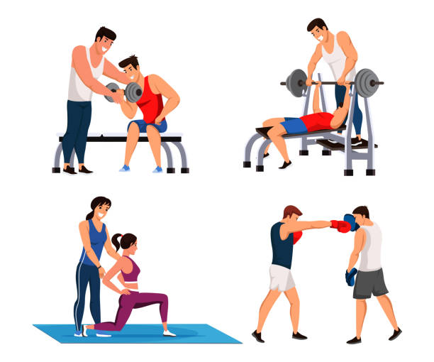 fitness, sportliche menschen und trainerszene isoliert auf weiß - coach individuality organized group gym stock-grafiken, -clipart, -cartoons und -symbole