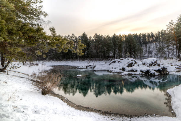 istock Mountain lake among mountains and trees in winter 1203995179
