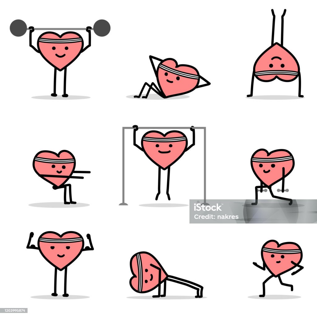 Ilustración de Corazones De Dibujos Animados Haciendo Conjunto De Ejercicios  Deportivos y más Vectores Libres de Derechos de Símbolo en forma de corazón  - iStock