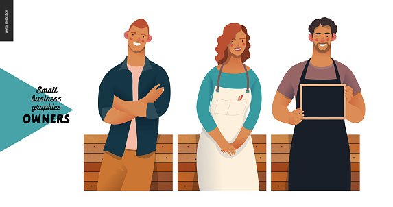 Owners -small business owners graphics. Modern flat vector concept illustrations -young man crossing hands, young woman wearing white apron, young man with a blackboard, standing at the wooden counter