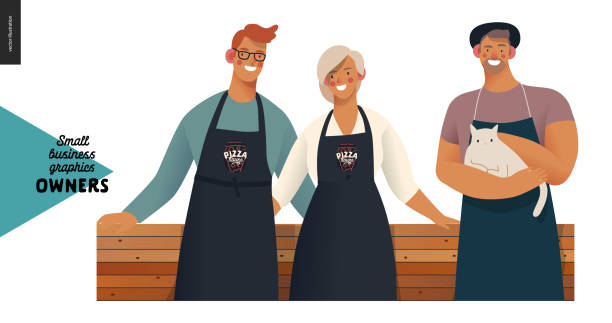 Owners - small business graphics Owners -small business owners graphics. Modern flat vector concept illustrations - young man and woman standing embraced wearing black aprons, young man with a cat, standing at the wooden counter small business owner stock illustrations