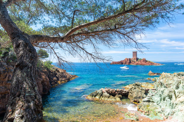 bela costa perto de frejus na riviera francesa no sul da frança - cannes french riviera france beach - fotografias e filmes do acervo