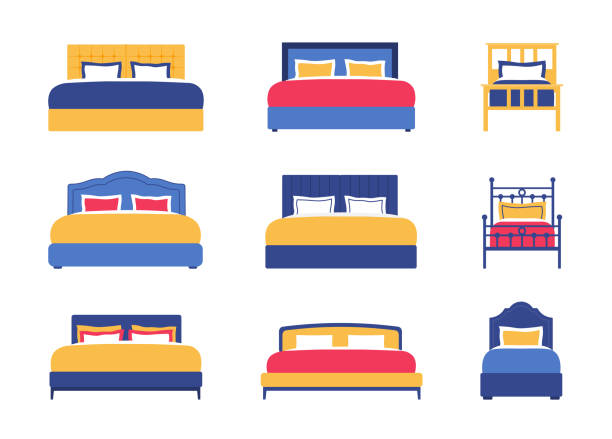 가정을위한 침대 컬렉션입니다. 흰색 배경에 침실의 내부에 대한 가구의 집합입�니다. - symbol home interior furniture pillow stock illustrations