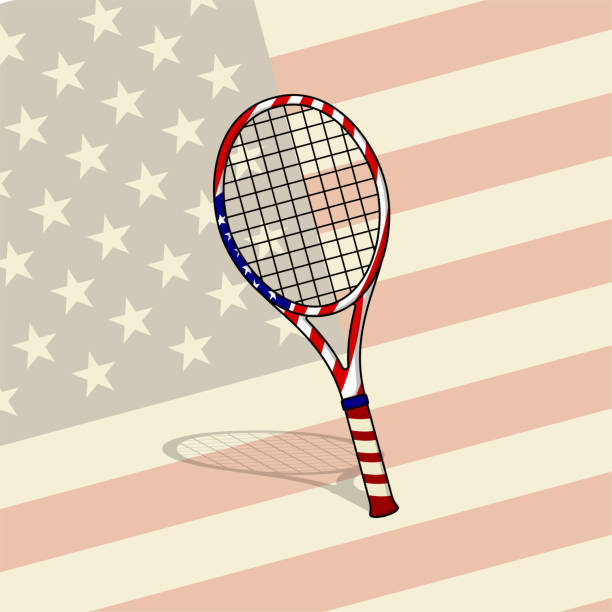 tennisschläger mit amerikanischem flaggendesign - tennis court tennis ball table tennis stock-grafiken, -clipart, -cartoons und -symbole