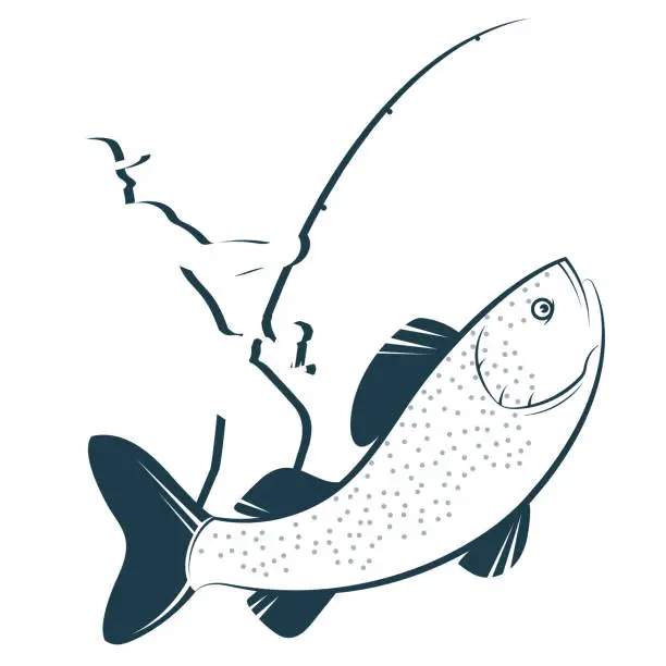 Vector illustration of Fisherman and fish catch silhouette