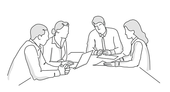 Group of people discussing work at office. Line drawing vector illustration.