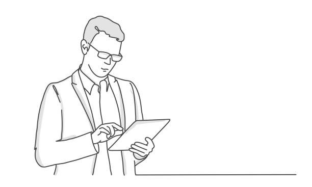 illustrations, cliparts, dessins animés et icônes de l'homme avec des lunettes emploie une tablette. - standing digital tablet adult beautiful