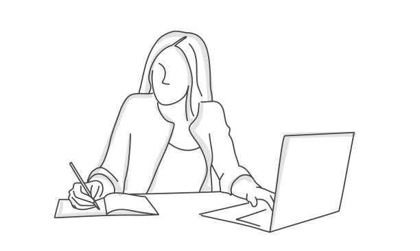 Woman using laptop and writing in a diary on her working desk. Woman using laptop and writing in a diary on her working desk. Line drawing vector illustration. writing activity illustrations stock illustrations