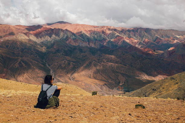 Tourist woman in the mountains of Argentina stock photo