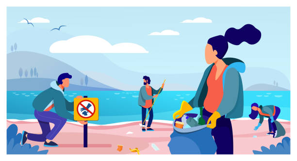 Group of young volunteers collecting trash on ocean beach Group of young volunteers collecting trash on ocean beach flat vector illustration. Ecology and clean planet concept. People cleaning environment nature together environmental cleanup stock illustrations