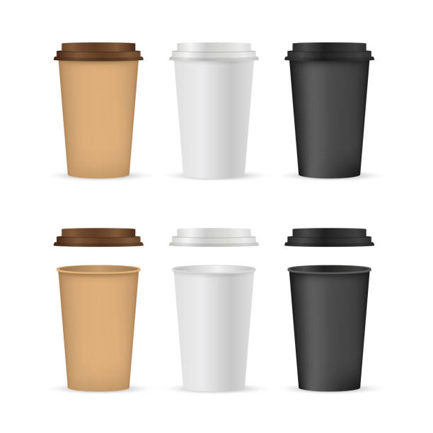 ilustrações de stock, clip art, desenhos animados e ícones de close up take-out coffee with brown cap and cup holder. isolated on white background. vector illustration - 6707