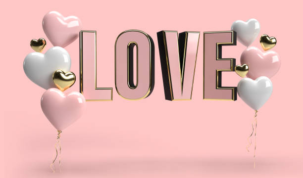 Happy Valentines Day romance greeting card with 3D hearts and LOVE text render. pink gold and white color art object concept.