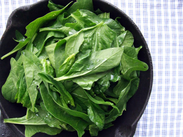 istock spinach green with water drops in a frying pan 1204014981