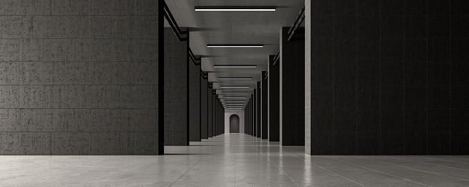Modern concrete hall with door at end 3d render 3d illustration