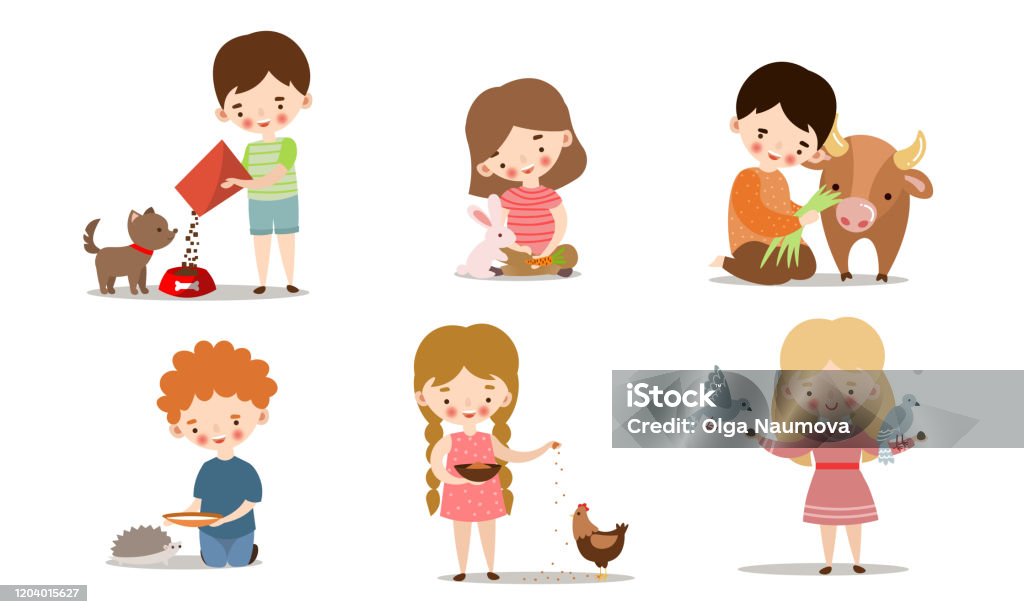 Set Of Kids Feeding And Taking Care Of Wild And Pet Animals Vector  Illustration In Flat Cartoon Style Stock Illustration - Download Image Now  - iStock