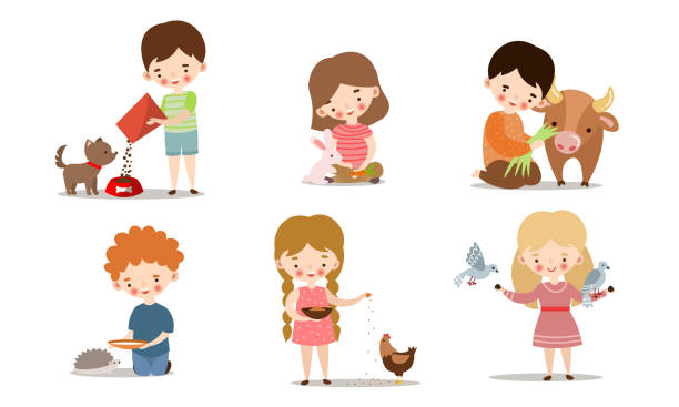 Set Of Kids Feeding And Taking Care Of Wild And Pet Animals Vector  Illustration In Flat Cartoon Style Stock Illustration - Download Image Now  - iStock