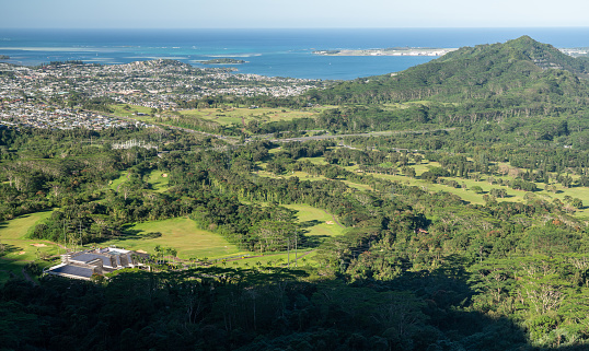 Aerial view of the landscape to the ocean from the Nu'uanu Pali lookout in Oahu