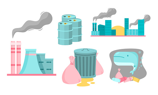 Collection set of industrial pollution and its effects on the environment. Polluted environment, factory air pollution. Isolated icons set illustration on a white background in cartoon style.