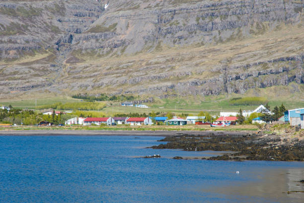 View over town of Breiddalsvik in east Iceland on a sunny summer day