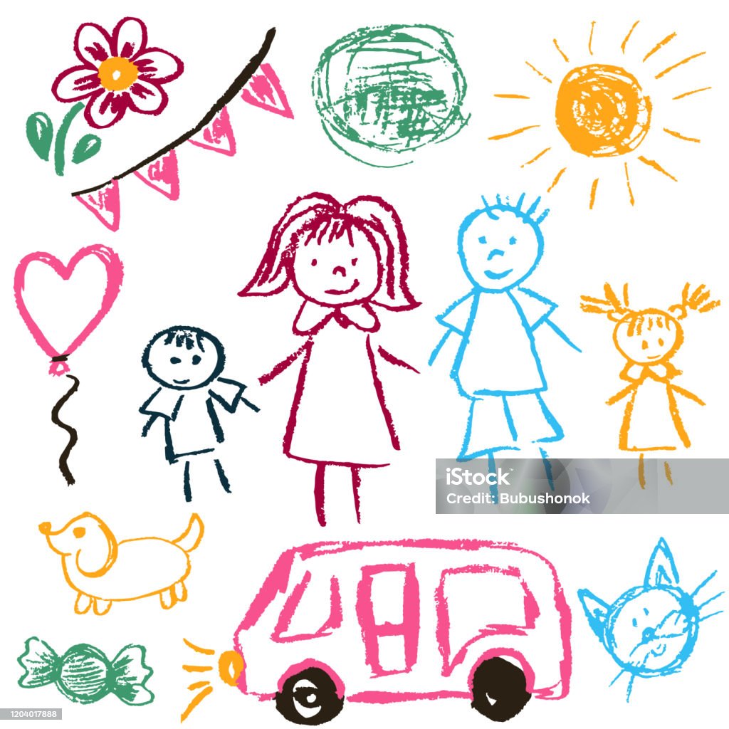 Children's drawings Children's drawings. Elements for the design of postcards, backgrounds, packaging. Printing for clothing. Family, sun, ball, dog car cat Child stock vector