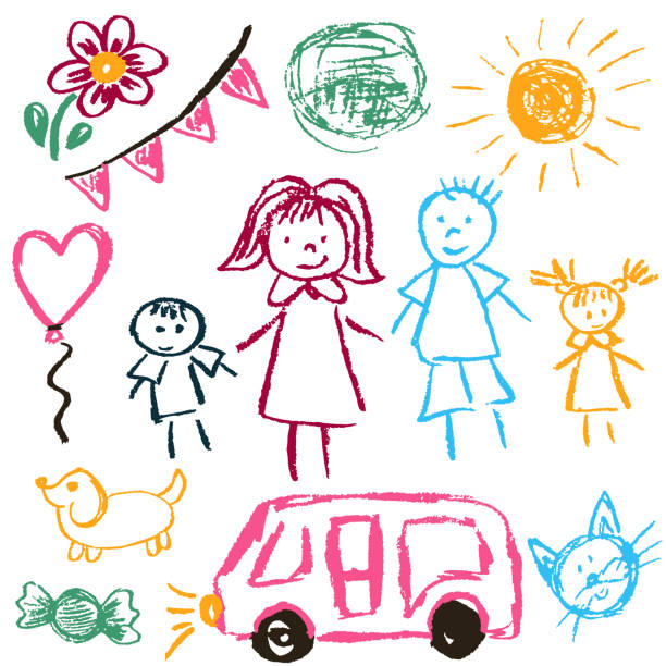 Children's drawings Children's drawings. Elements for the design of postcards, backgrounds, packaging. Printing for clothing. Family, sun, ball, dog car cat pencil art cartoons stock illustrations