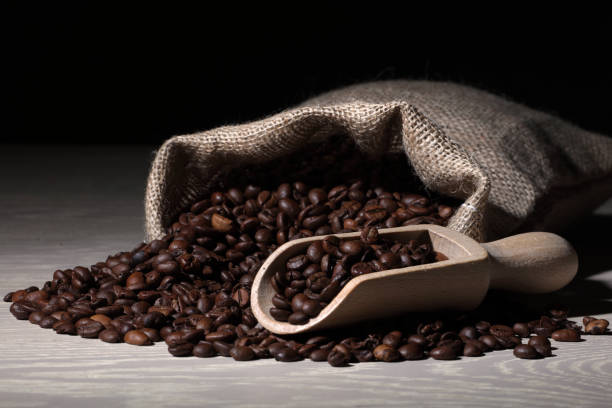 istock Coffee beans on a wood surface with a scoop and hessian sack with window light 1204020663