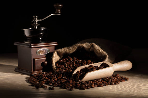 istock Coffee beans with a scoop grinder and hessian sack on wooden surface 1204020671