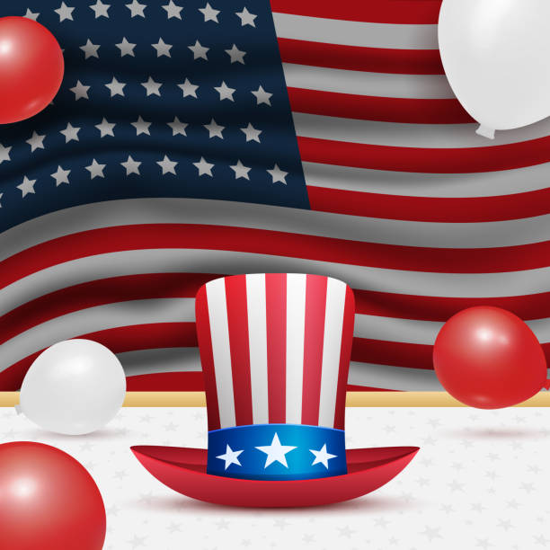 istock Festive banner with Uncle Sam hat, air balloons and empty space. Design for the feast of President's Day and Independence Day in USA. Sale banner, invitation, poster, invitation. Vector illustration 1204021570