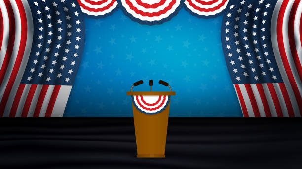 istock USA President podium on stage with semi-circle decorative flag on top. Background for President's Day, Independence Day, Election Day in US. Vector illustration 1204021583