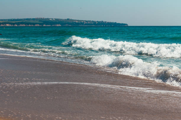 istock Deserted beach Sea waves overlook the sandy shore Summer background 1204022687