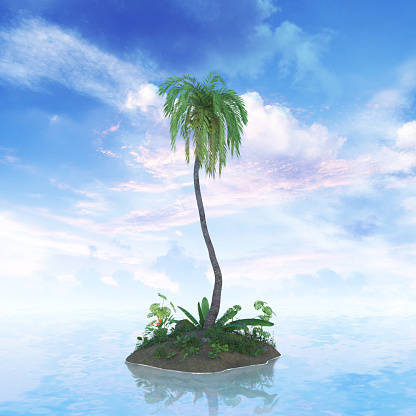 Tiny tropical island lost in a vast ocean, 3d render.