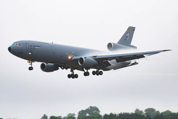 United States Air Force USAF KC-10A Extender 87-0120 transport tanker plane arrival and landing FAIRFORD / UNITED KINGDOM - JULY 12, 2018: United States Air Force USAF KC-10A Extender 87-0120 transport tanker plane arrival and landing military tanker airplane photos stock pictures, royalty-free photos & images