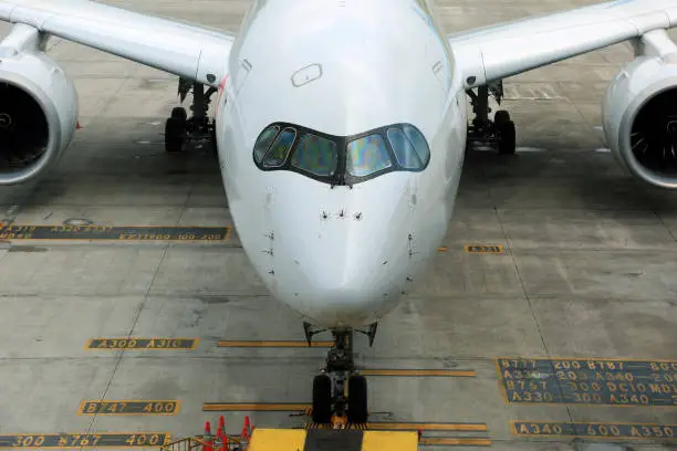 Asiana Airbus A350 in Hanoi international airport waiting for its next flight to Seoul