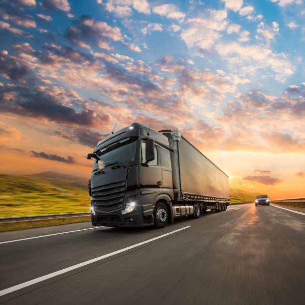istock Truck with container on road, cargo transportation concept. 1204030729