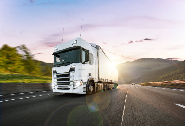 istock Truck with container on road, cargo transportation concept. 1204030731