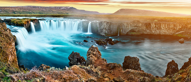 amazing Godafoss waterfall in Iceland during sunset, Europe