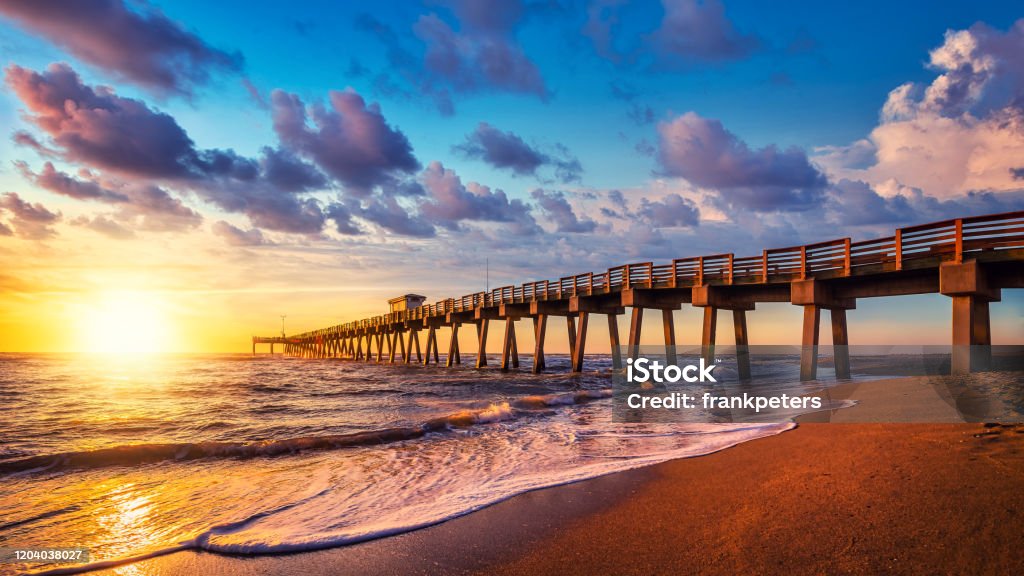 beach pier of venice while sunset, florida Florida - US State Stock Photo