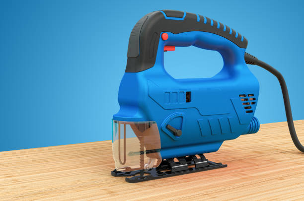 Power jigsaw sawing a wood board, 3D rendering